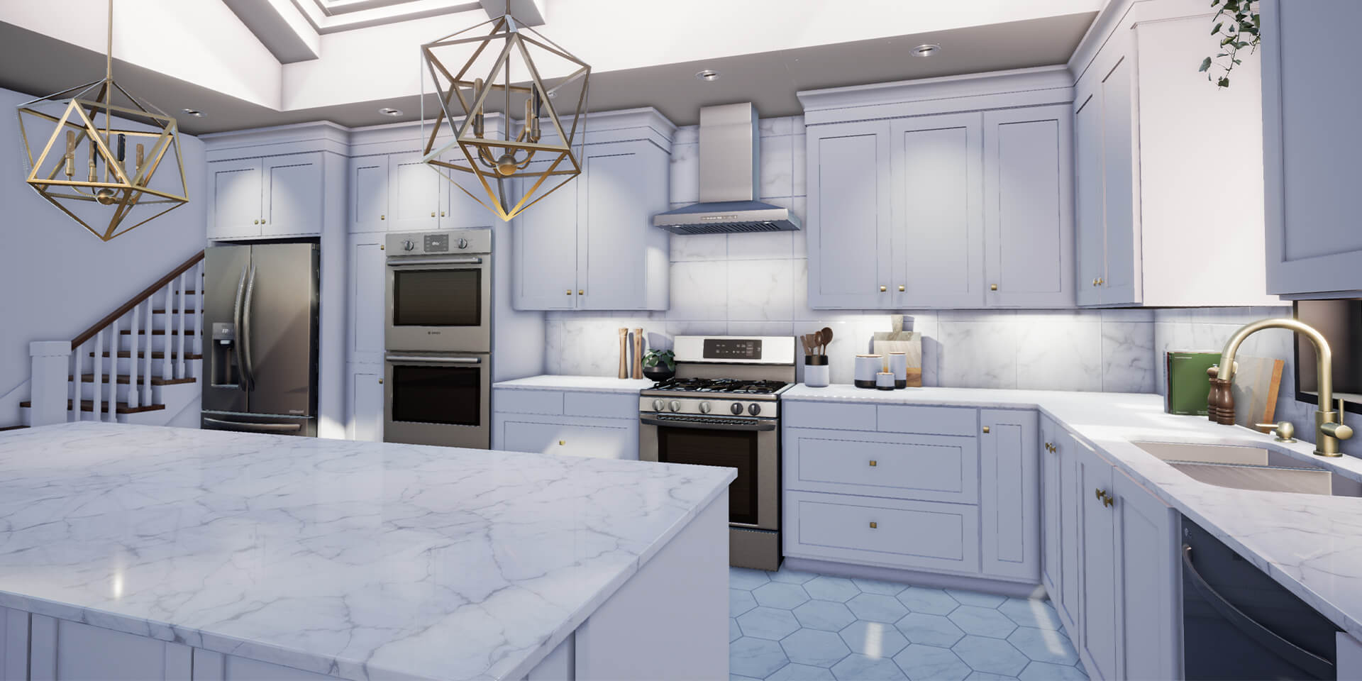 Digitally rendered kitchen with white cabinets and white countertops