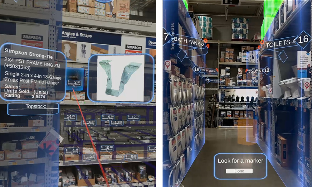 Headsup display from the MagicLeap2 AR headset showing an associate information about store aisles and product details